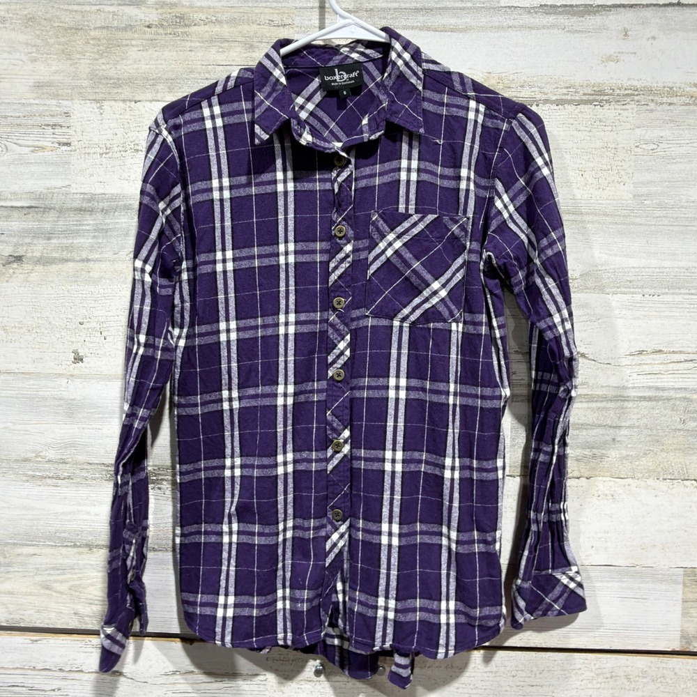Flannel Shirt Women Small Purple Plaid Long Sleeve Fall Winter Grunge EUC